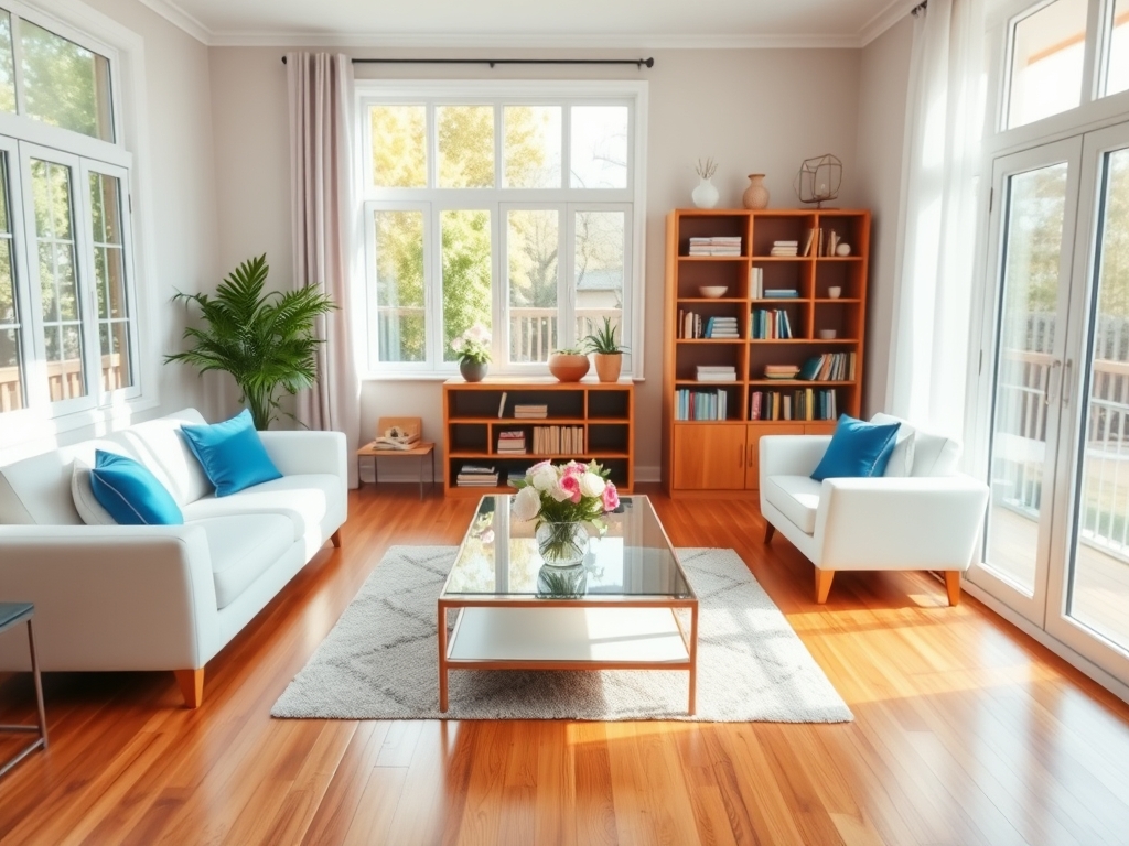 Bright, clean residential living room with natural sunlight, spotless hardwood floors, and organized furniture showing professional cleaning results